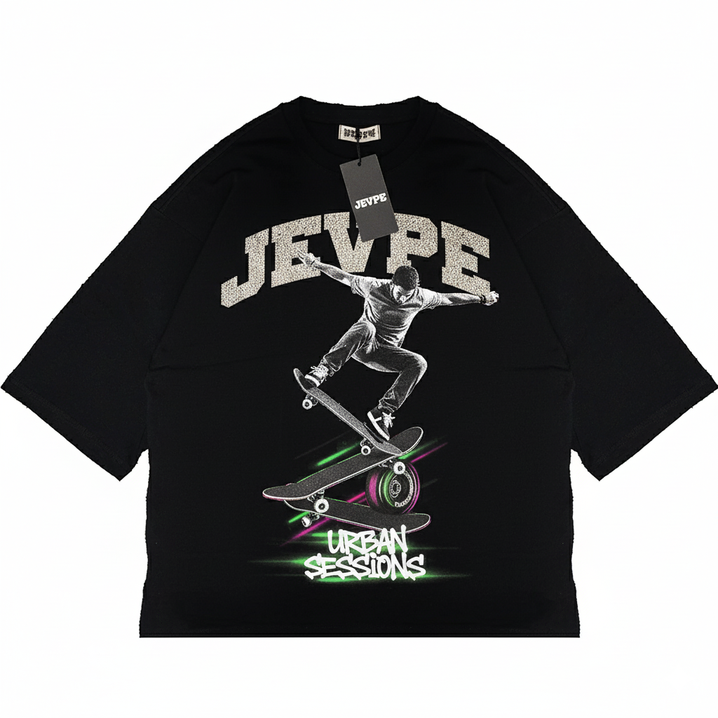 JEVPE men's black oversized T-shirt with urban skateboarding graphic, casual streetwear style, featuring bold design and relaxed fit.