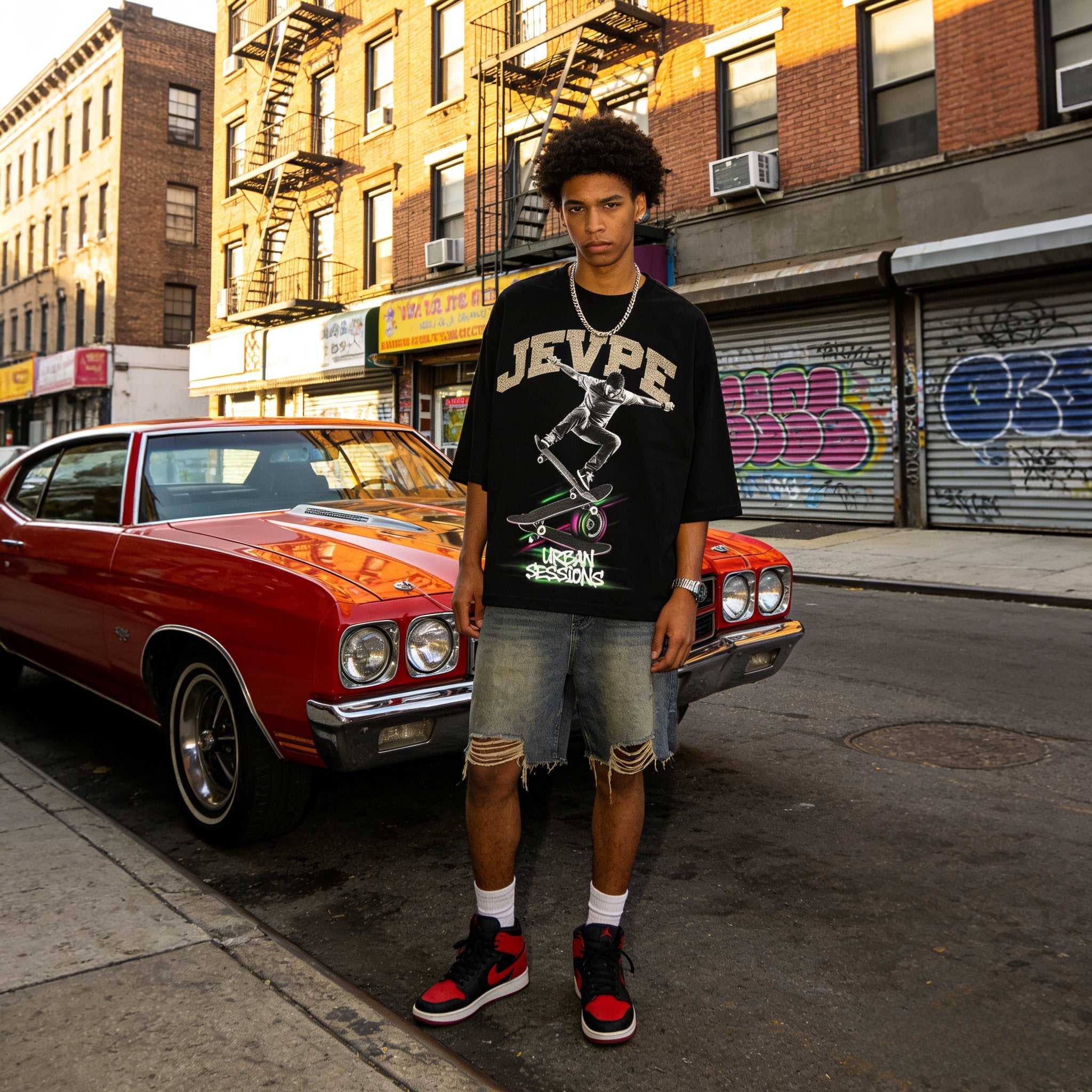 Black JEVPE men's oversized T-shirt with skateboarding graphic, casual streetwear style, featuring urban session design.