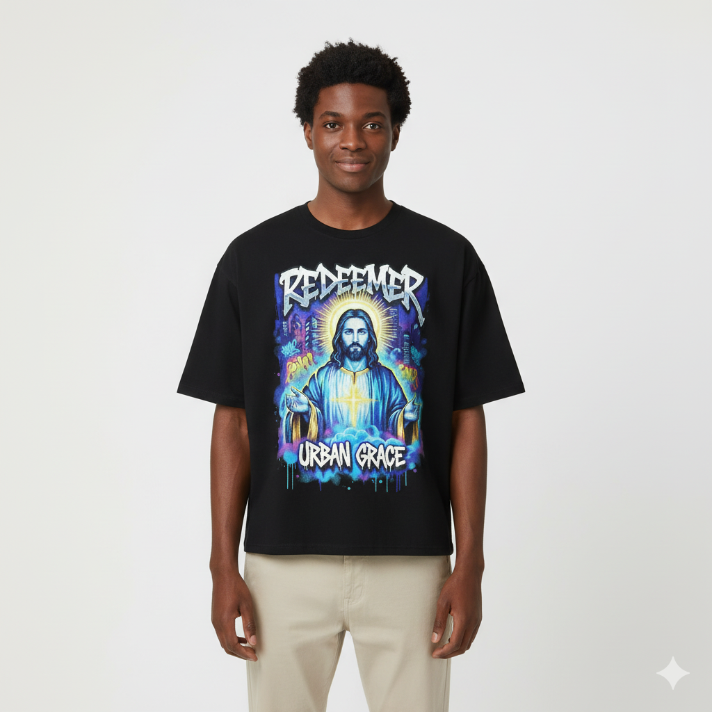 Black JEVPE Urban Graffiti Jesus "Redeemer" oversized T-shirt featuring bold streetwear design and religious-themed artwork.