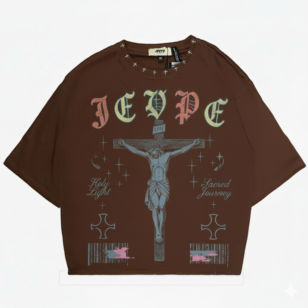 Brown Gothic streetwear T-shirt by JEVPE featuring a Sacred Journey Jesus Crucifix graphic, cropped design and street style look.