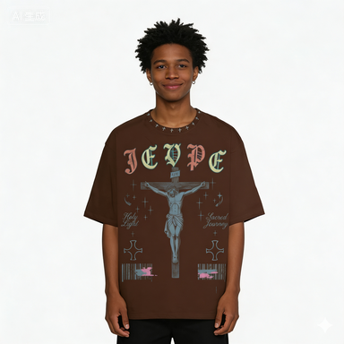 Brown Gothic streetwear T-shirt by JEVPE featuring a cropped design with a Sacred Journey Jesus Crucifix graphic.