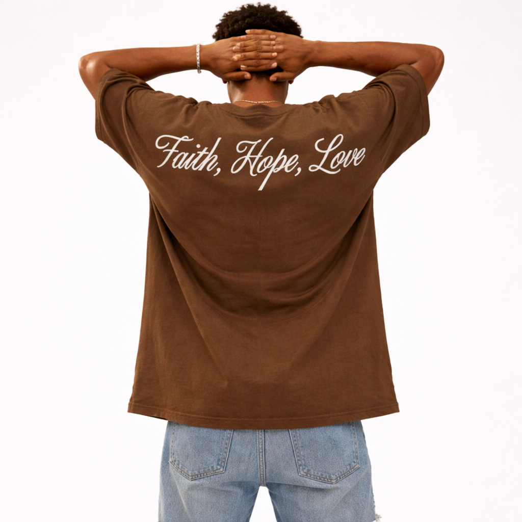 JEVPE Sacred Journey Jesus Crucifix cropped T-shirt in brown gothic streetwear style, featuring religious graphic on front.