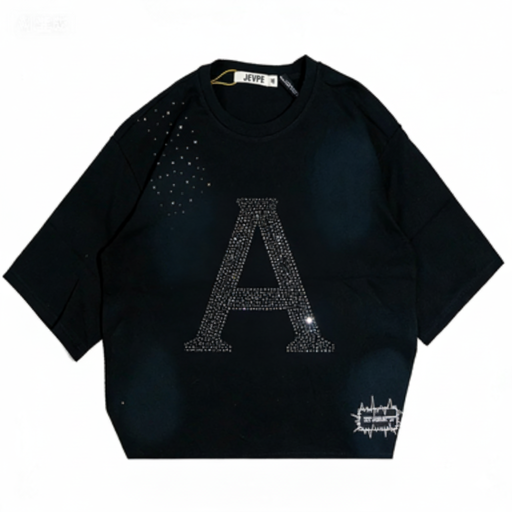 JEVPE men's oversized black wash T-shirt with rhinestone "A" letter design, short sleeve crew neck, casual style.