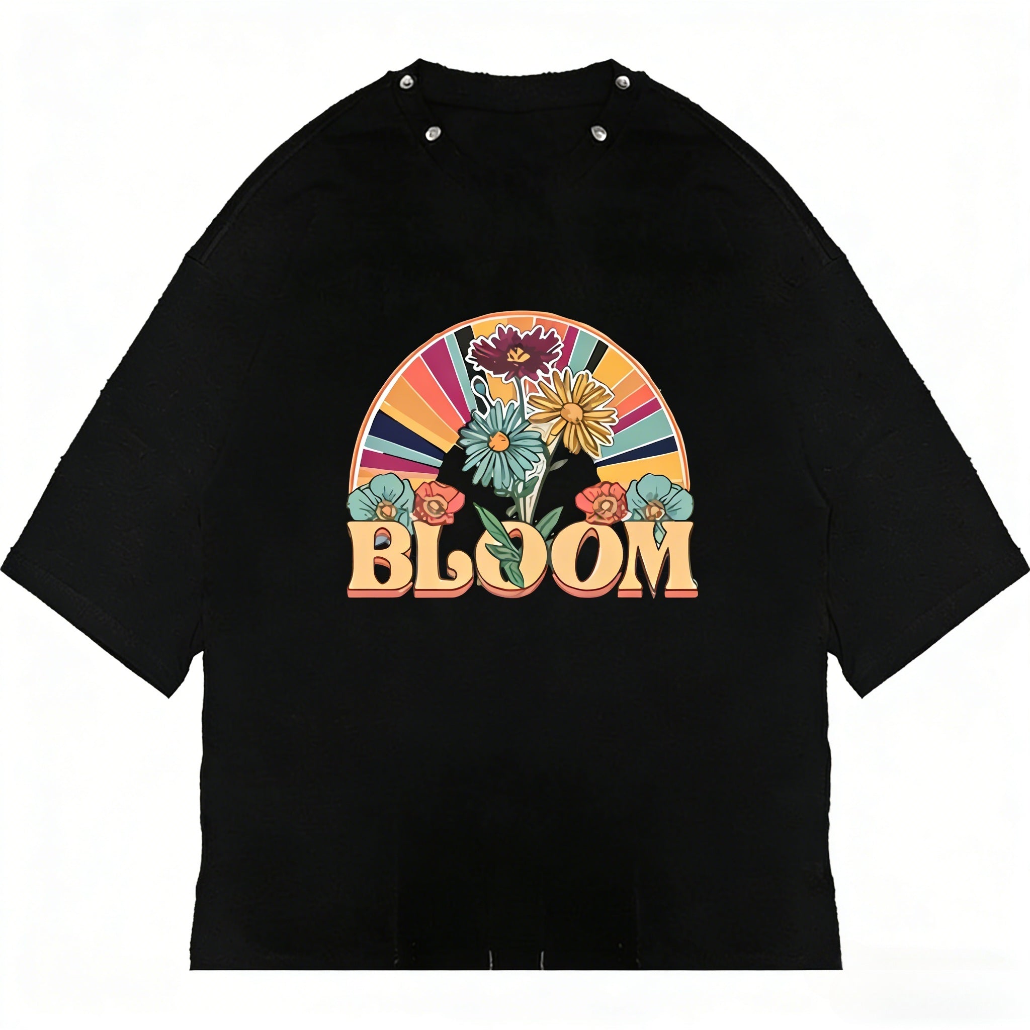Men's oversized vintage floral graphic T-shirt by JEVPE featuring a "BLOOM" design and retro short sleeve style.