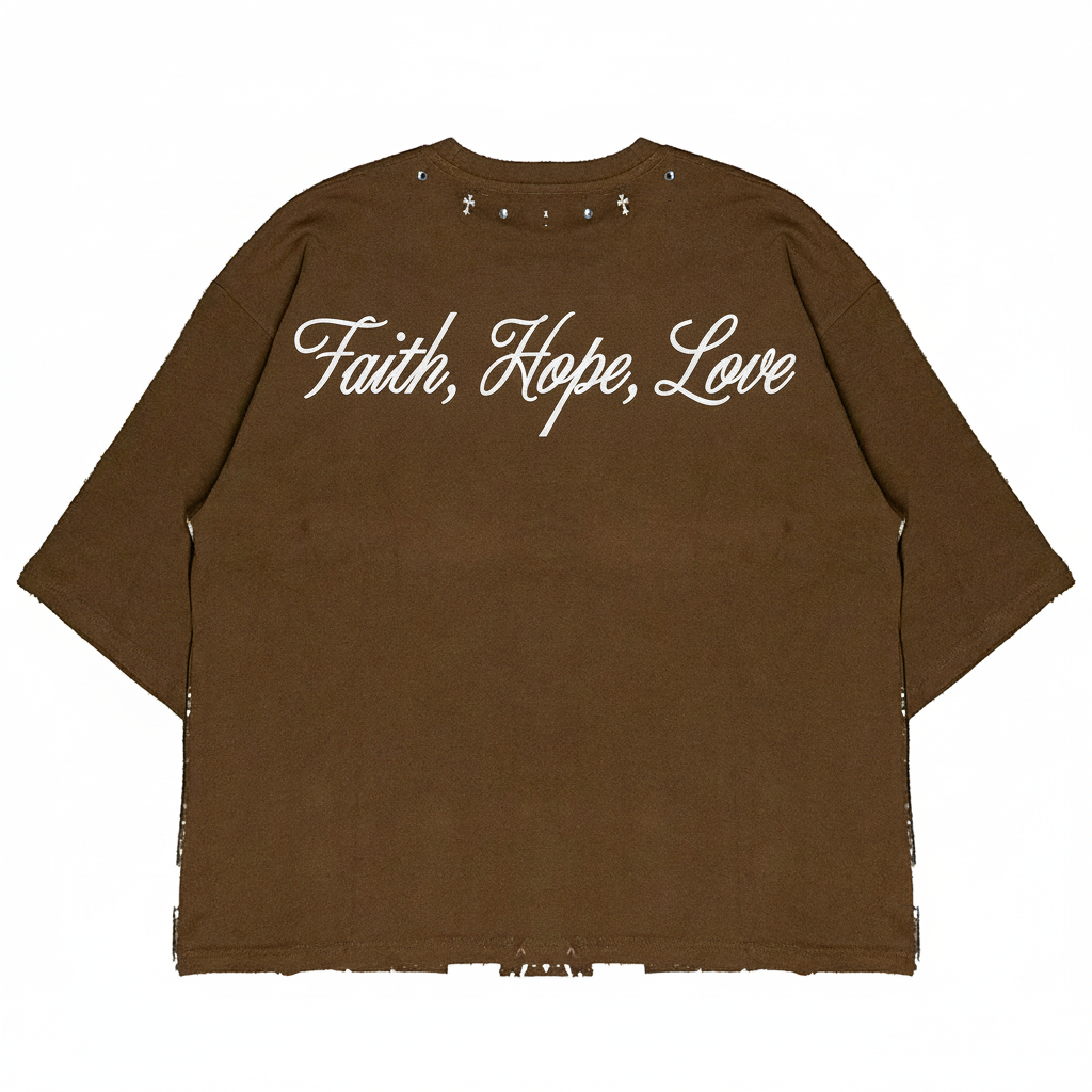 JEVPE men's brown oversized T-shirt with Jesus "Knock & It Shall Be Opened" faith graphic, streetwear style.