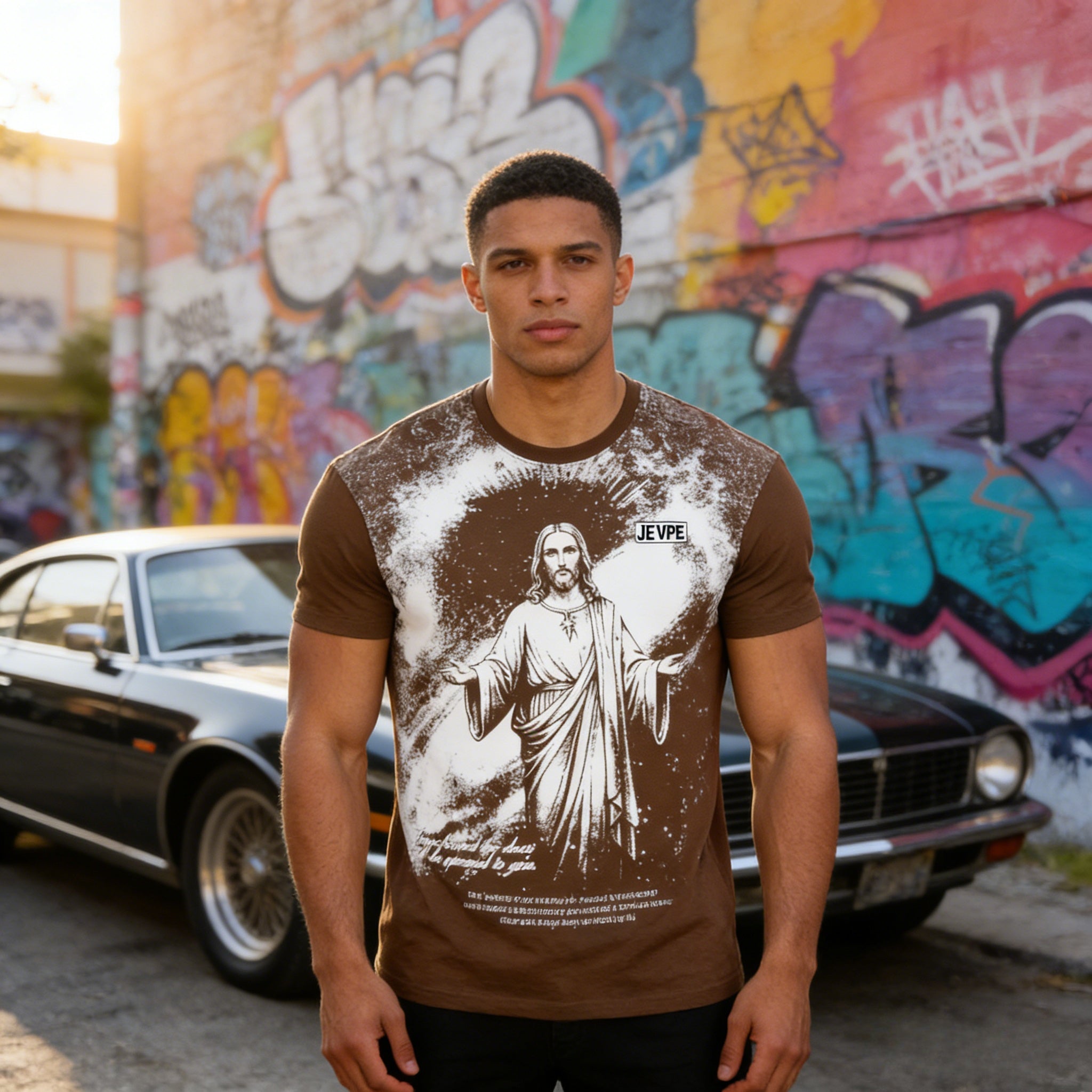 Men's brown oversized T-shirt by JEVPE featuring a Jesus "Knock & It Shall Be Opened" graphic faith streetwear style.