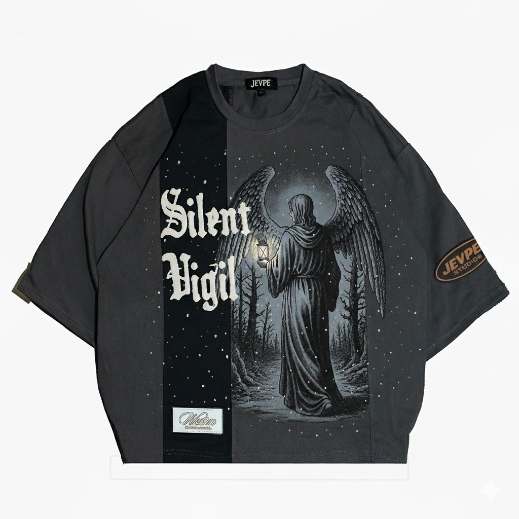 JEVPE men's charcoal gray oversized paneled streetwear T-shirt with angel graphic and "Silent Vigil" design on the front.