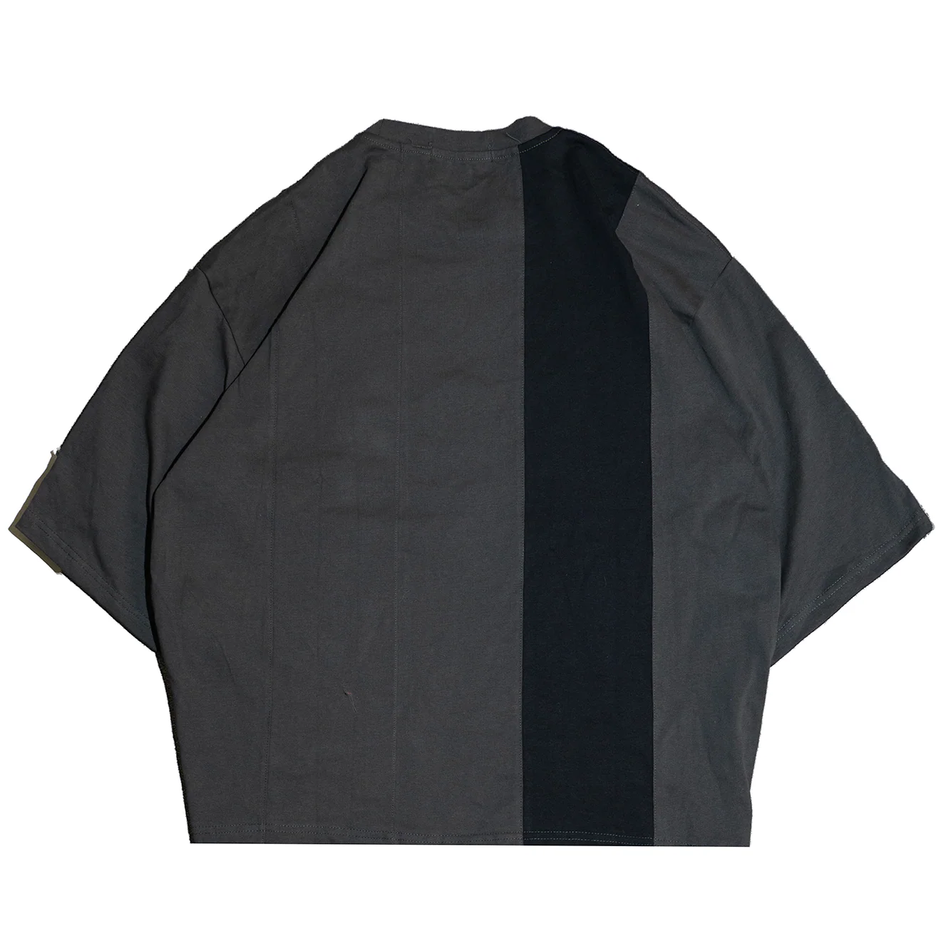 JEVPE men's charcoal gray oversized paneled streetwear T-shirt with angel graphic and "Silent Vigil" design.