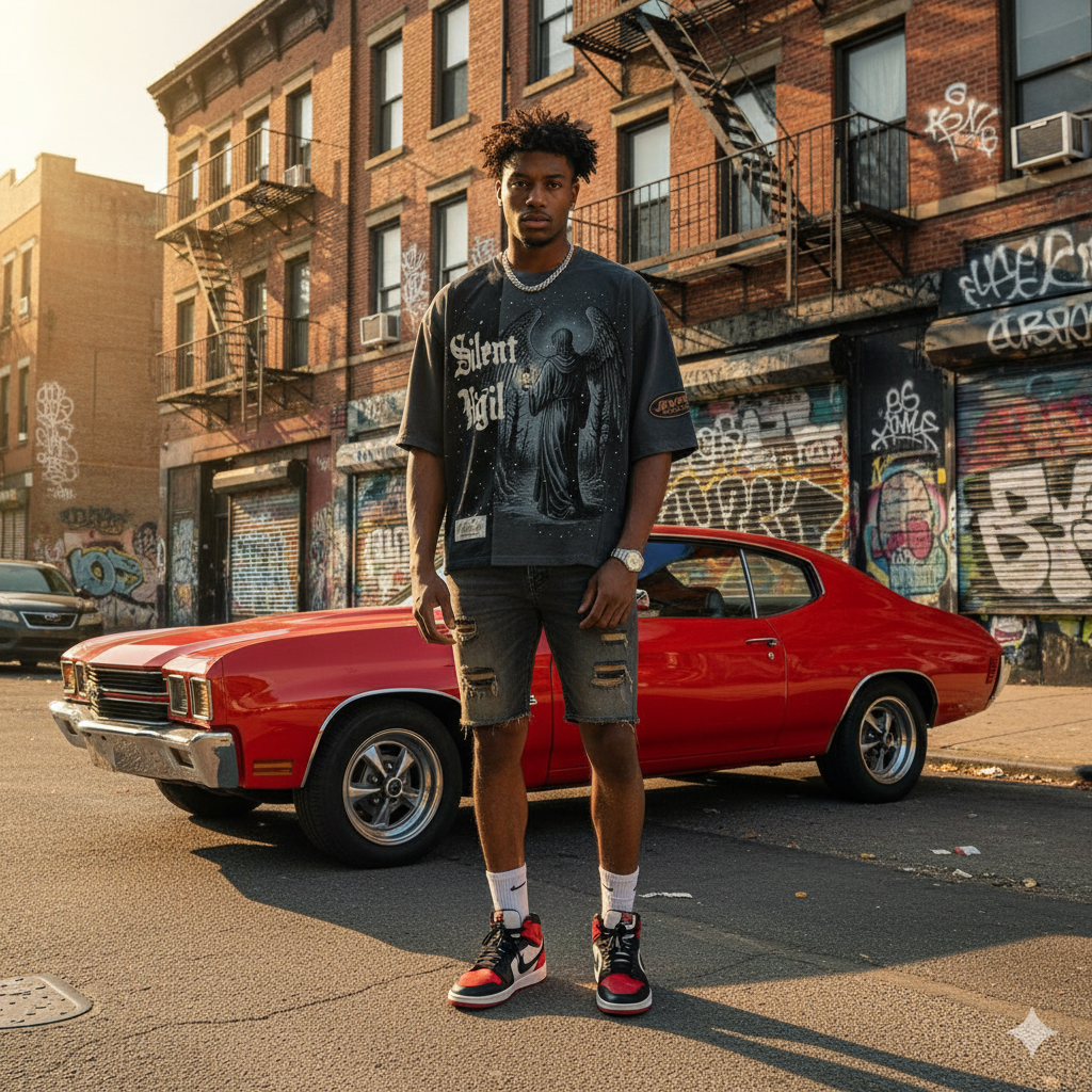 Men's charcoal gray oversized paneled T-shirt by JEVPE featuring a Silent Vigil angel graphic streetwear design.