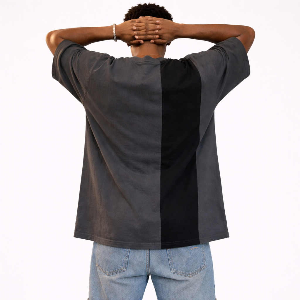 JEVPE men's charcoal gray oversized paneled T-shirt with angel graphic and "Silent Vigil" streetwear design.
