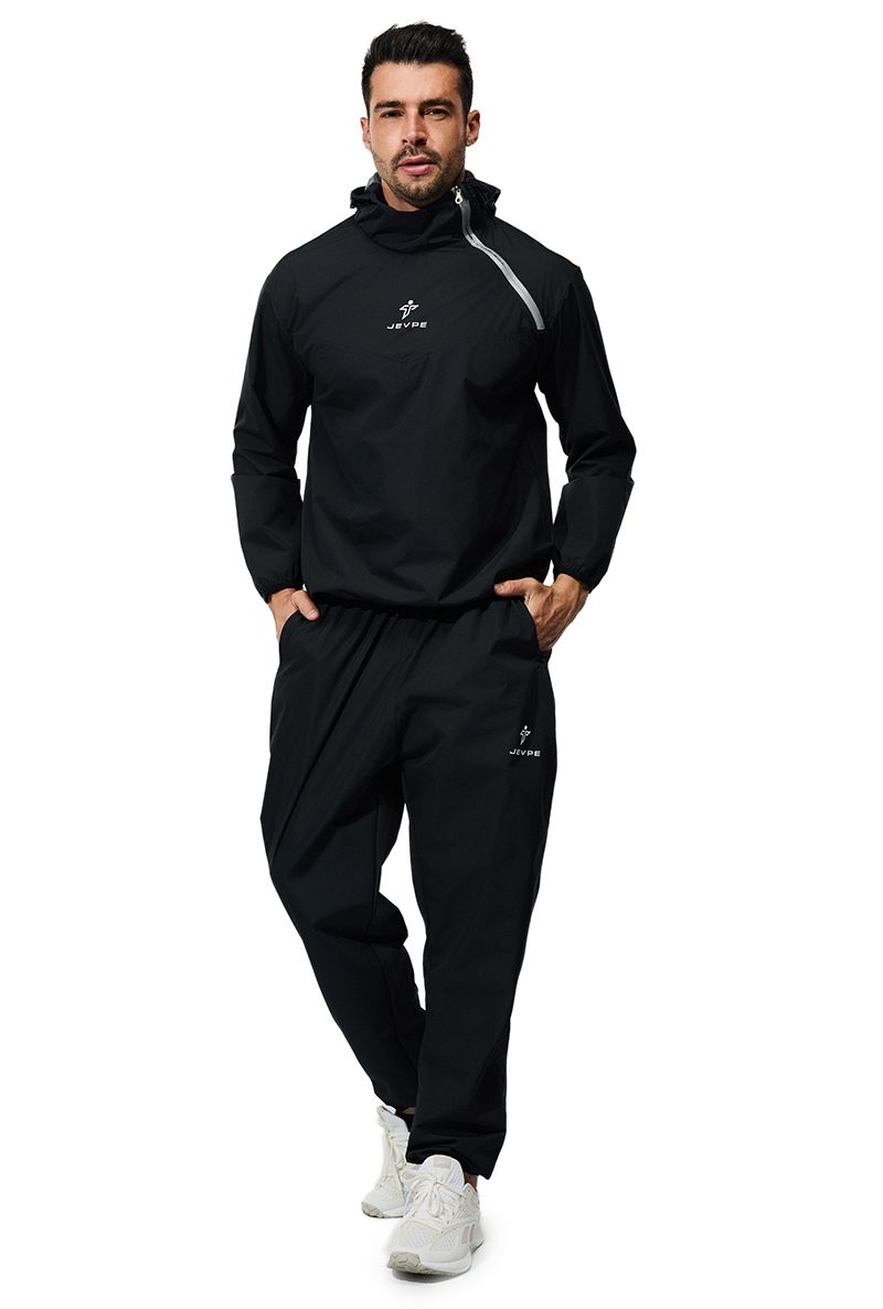 JEVPE unisex sauna suit with jacket and pants, made for fitness training and sportswear, shown in a comfortable workout pose.