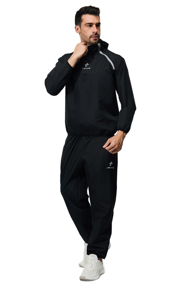 JEVPE unisex sauna suit with jacket and pants, designed for fitness training and sportswear, shown in black with a sleek fit.