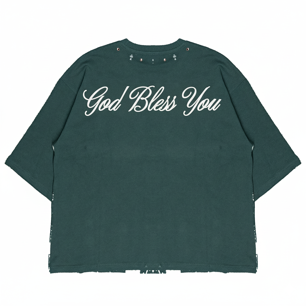 JEVPE men's teal oversized T-shirt with Jesus "Knock & It Shall Be Opened" graphic, faith-themed streetwear tee.