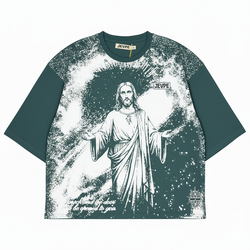 JEVPE men's teal oversized T-shirt with Jesus graphic and "Knock & It Shall Be Opened" faith design, streetwear style.