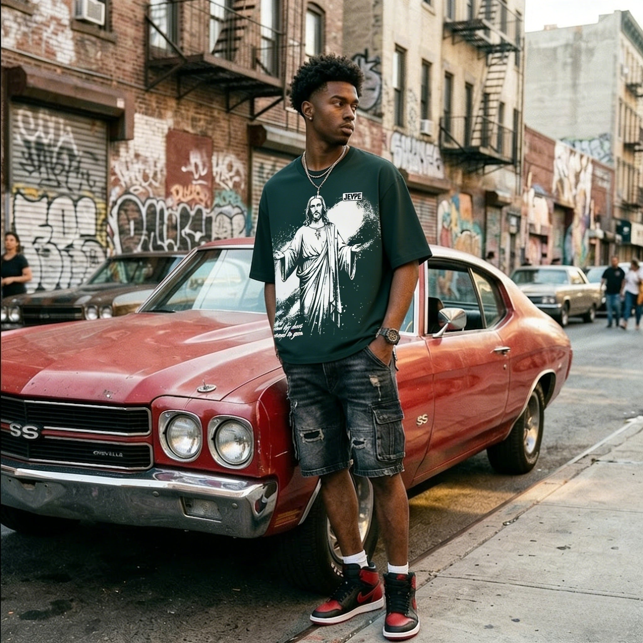 JEVPE men's teal oversized T-shirt with Jesus "Knock & It Shall Be Opened" graphic, faith streetwear tee, casual fit.