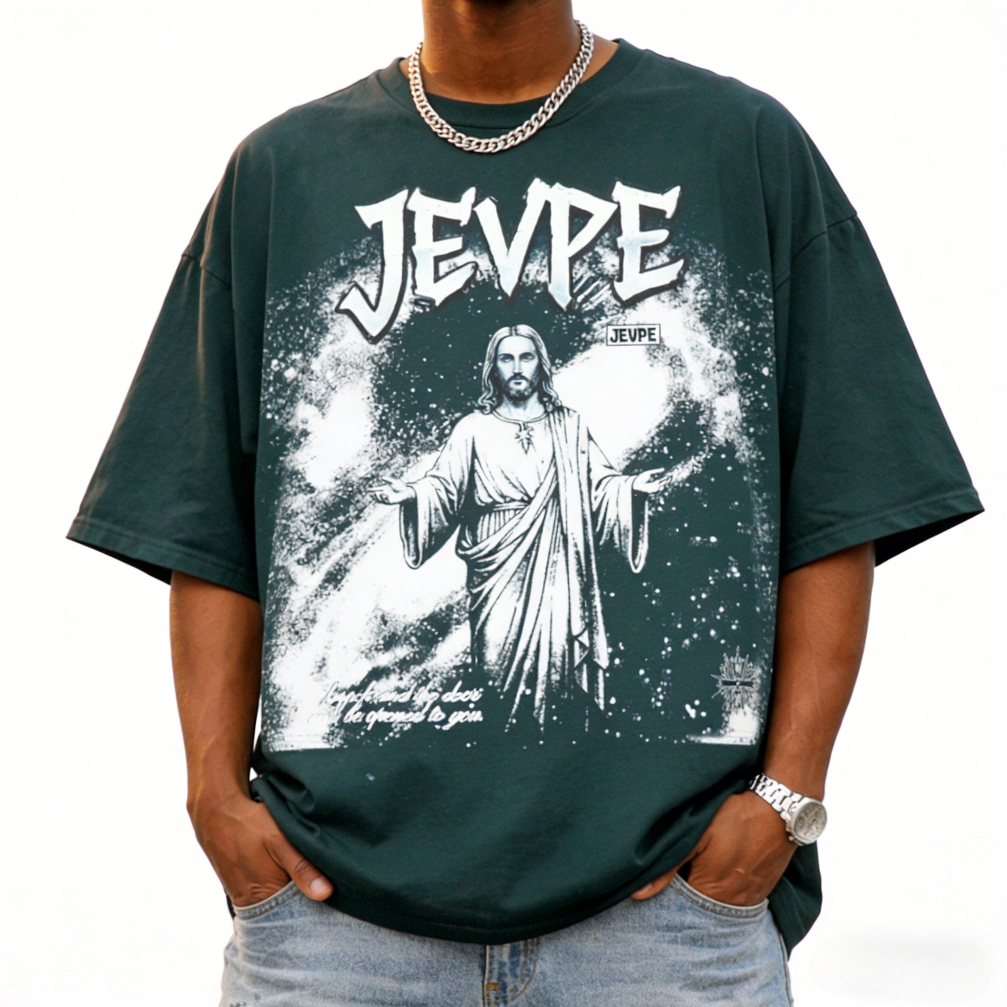 JEVPE men's teal oversized T-shirt with Jesus "Knock & It Shall Be Opened" graphic, faith-themed streetwear tee.