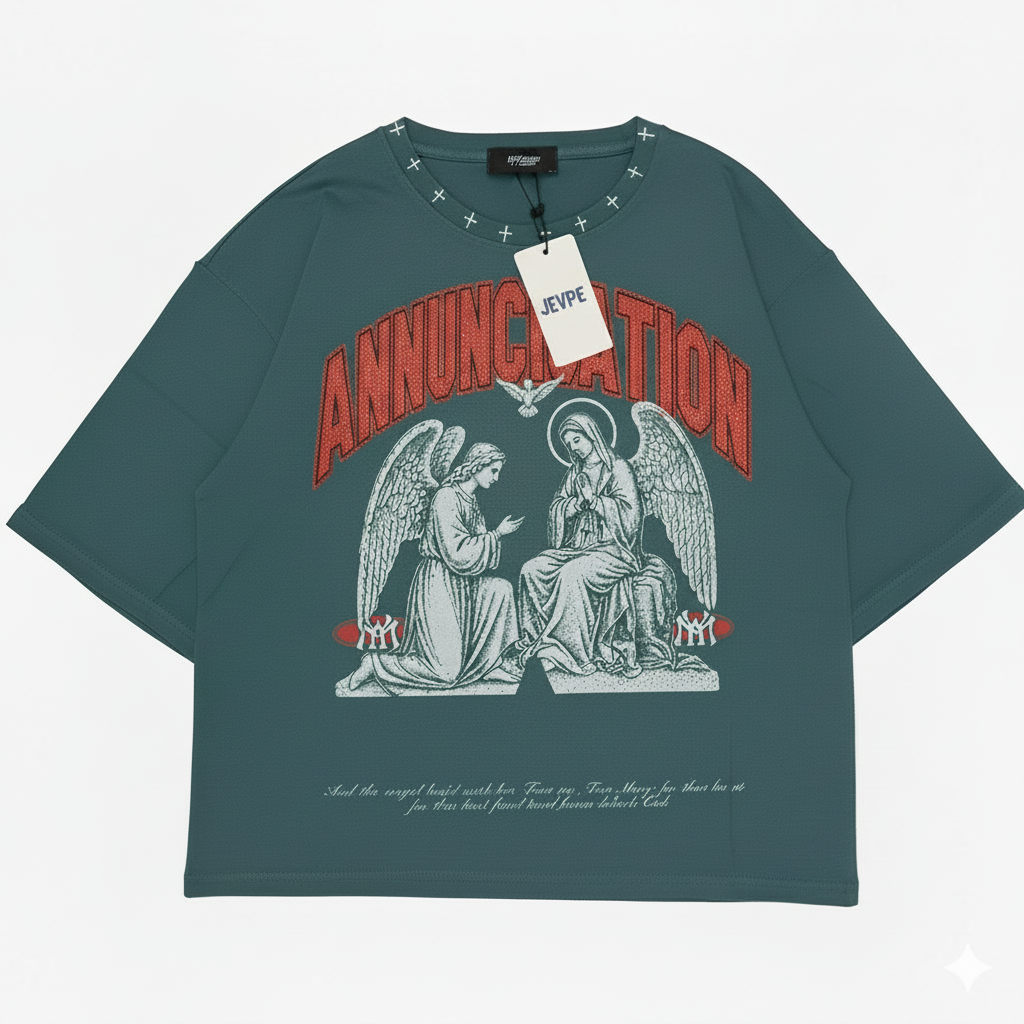 Teal oversized cropped T-shirt featuring a Sacred Annunciation Angel print, streetwear style by JEVPE.