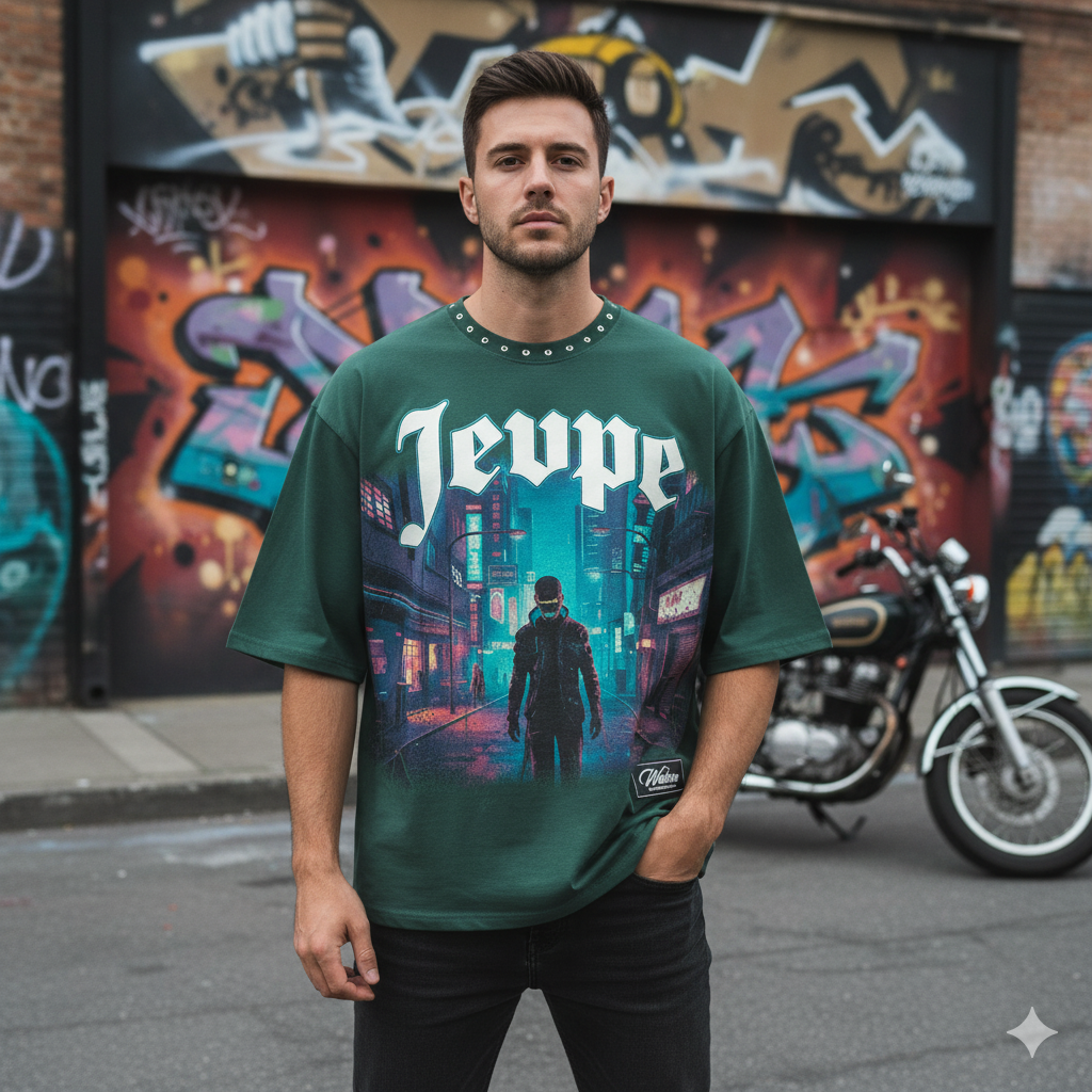 JEVPE Cyberpunk Neon City green cropped T-shirt with rivet details, streetwear style and vibrant cityscape design.
