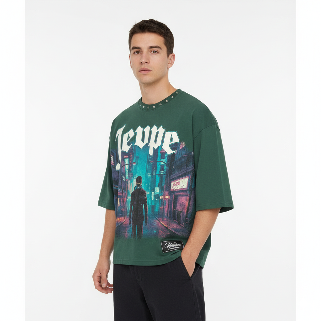 JEVPE Cyberpunk Neon City green cropped streetwear T-shirt with rivet details and vibrant urban cityscape design.