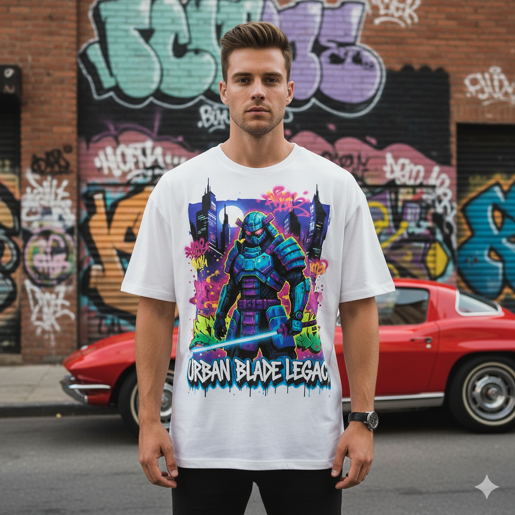 JEVPE white cyberpunk samurai urban graffiti streetwear oversized T-shirt with bold graphic design and urban blade imagery.