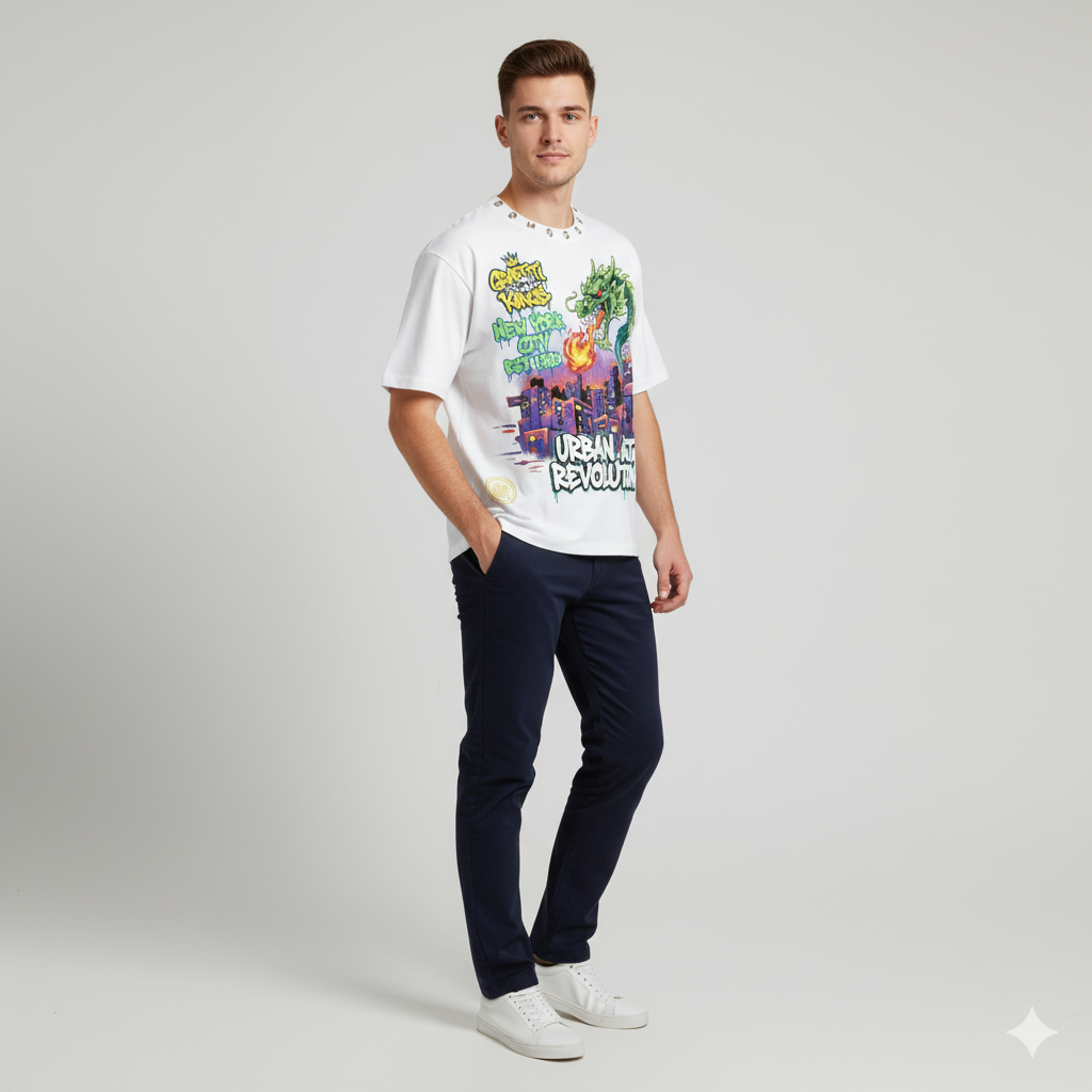 JEVPE Graffiti Kings NYC dragon print cropped top in white urban streetwear with bold graffiti art design.