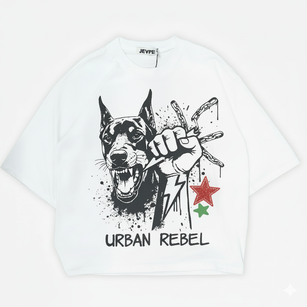JEVPE men's white oversized street T-shirt with bold aggressive Doberman print and "Urban Rebel" design, casual urban fashion.