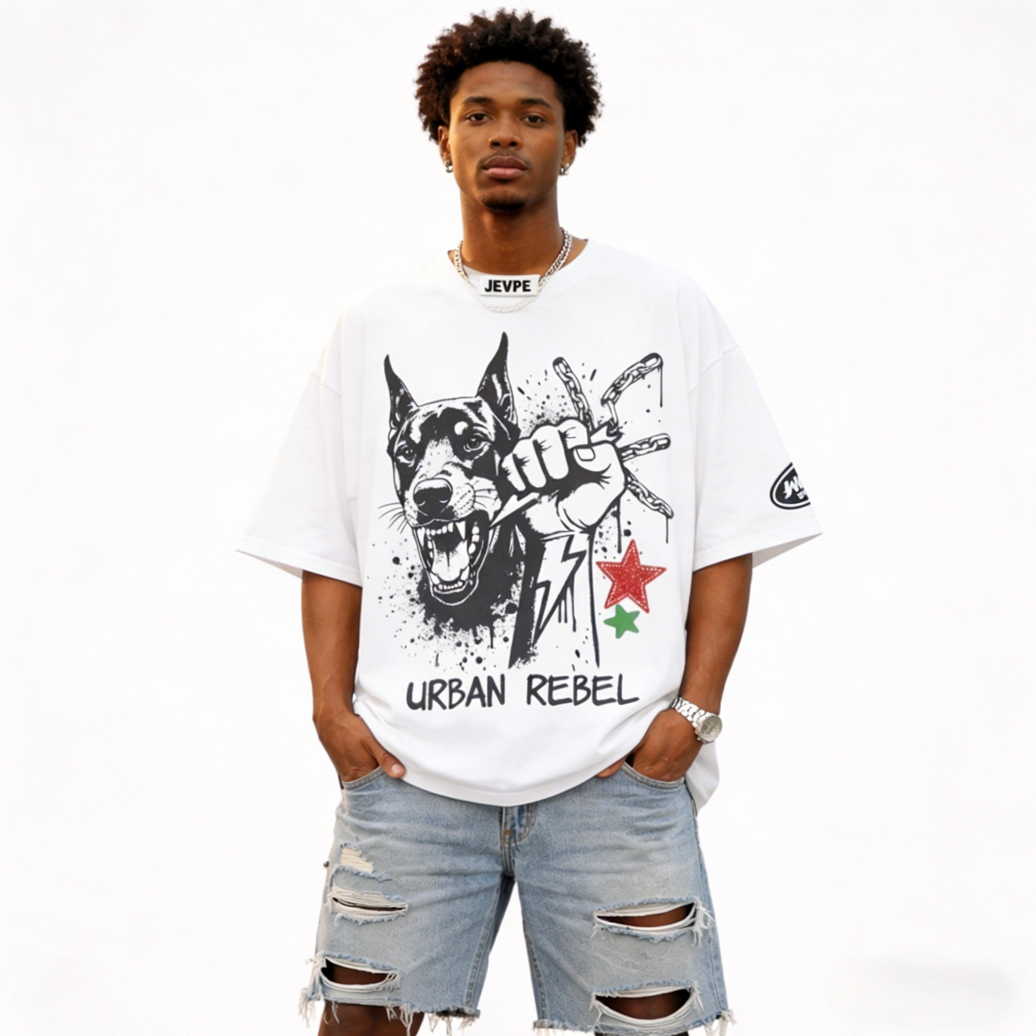White oversized men's street T-shirt by JEVPE featuring an aggressive Doberman print and urban rebel design.