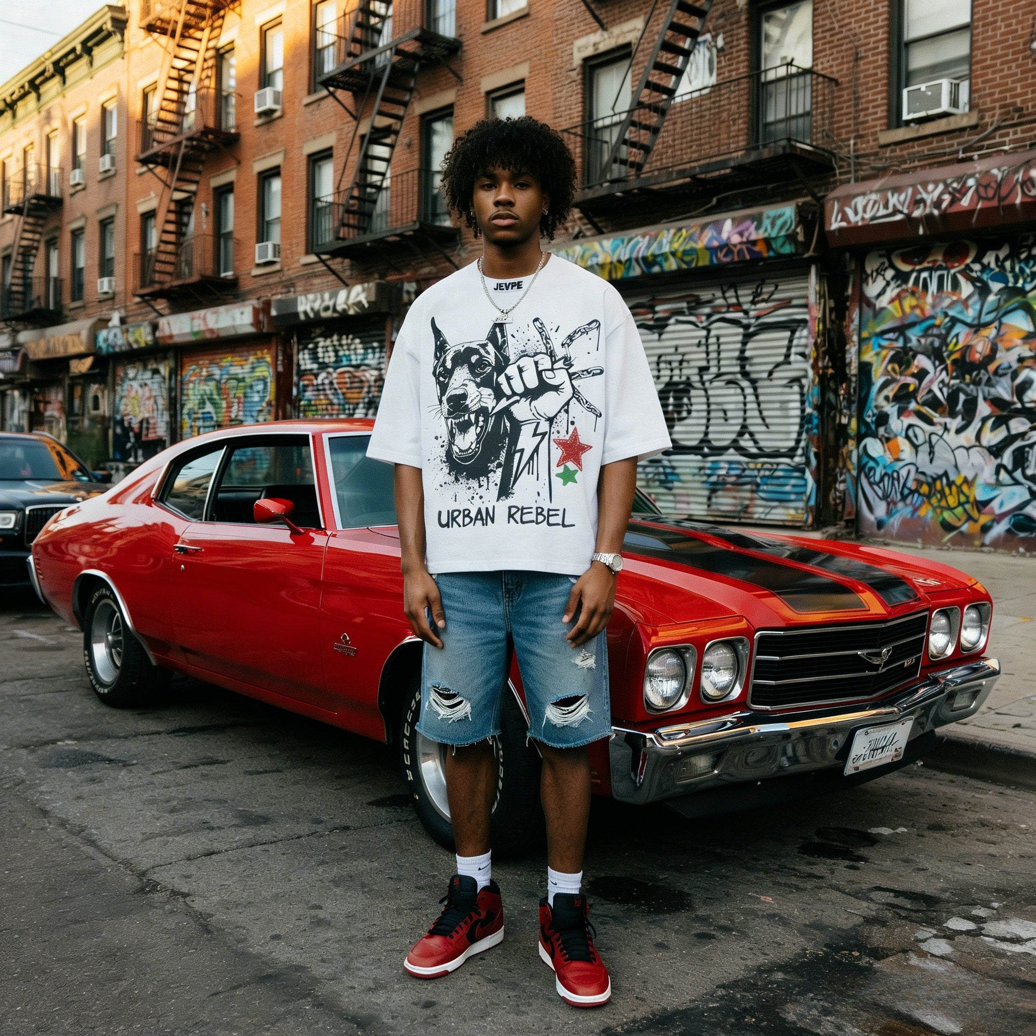 White oversized street t-shirt for men by JEVPE featuring an aggressive Doberman print and urban rebel design.