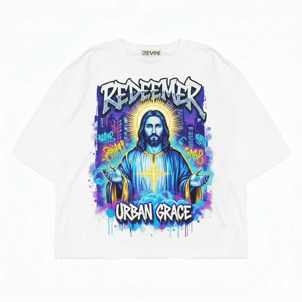 White JEVPE Urban Graffiti Jesus "Redeemer" oversized T-shirt featuring street art design and casual streetwear style.