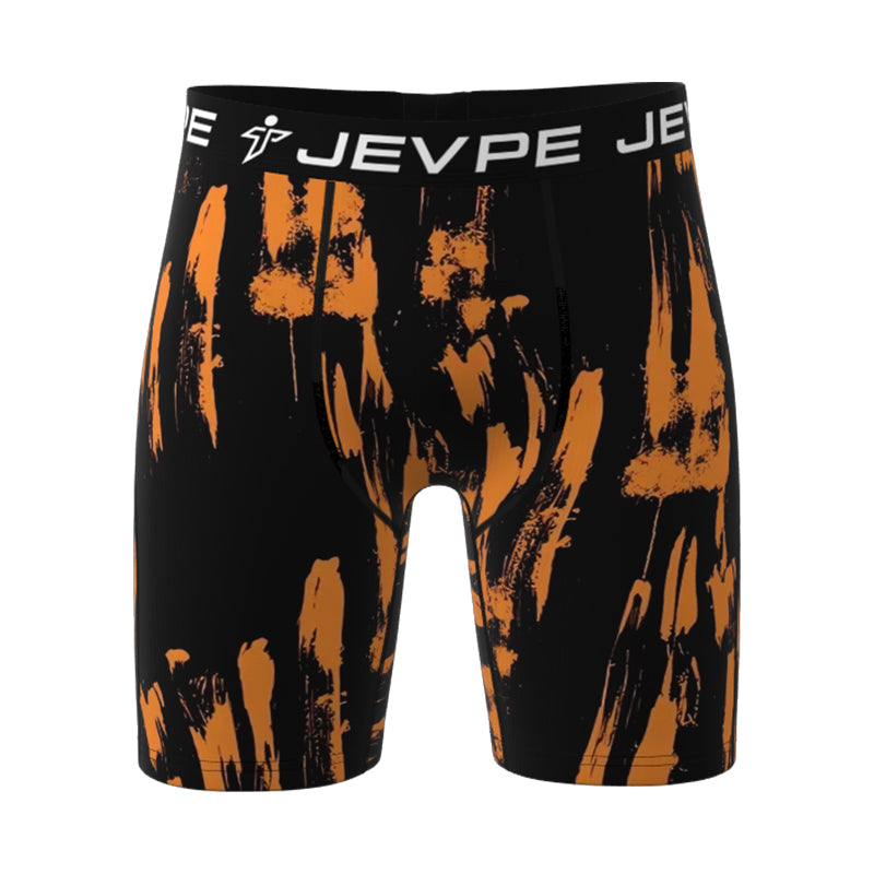 JEVPE men's 6-pack doodle boxer briefs in mixed colors with breathable, moisture-wicking fabric and 7-inch inseam.