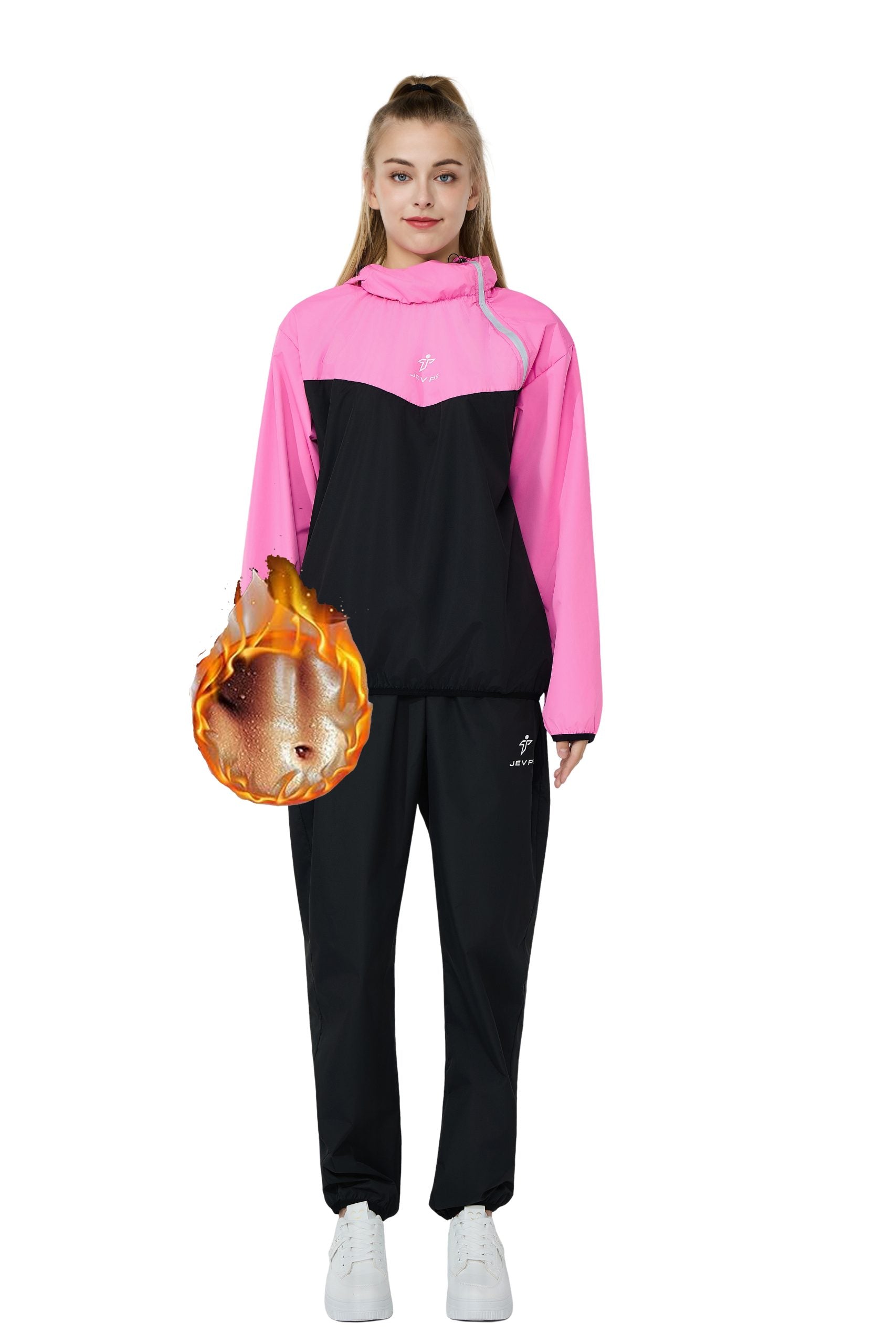 Pink JEVPE sauna suit for women, includes durable gym workout sauna jacket and pants, designed for sweat and fitness training.
