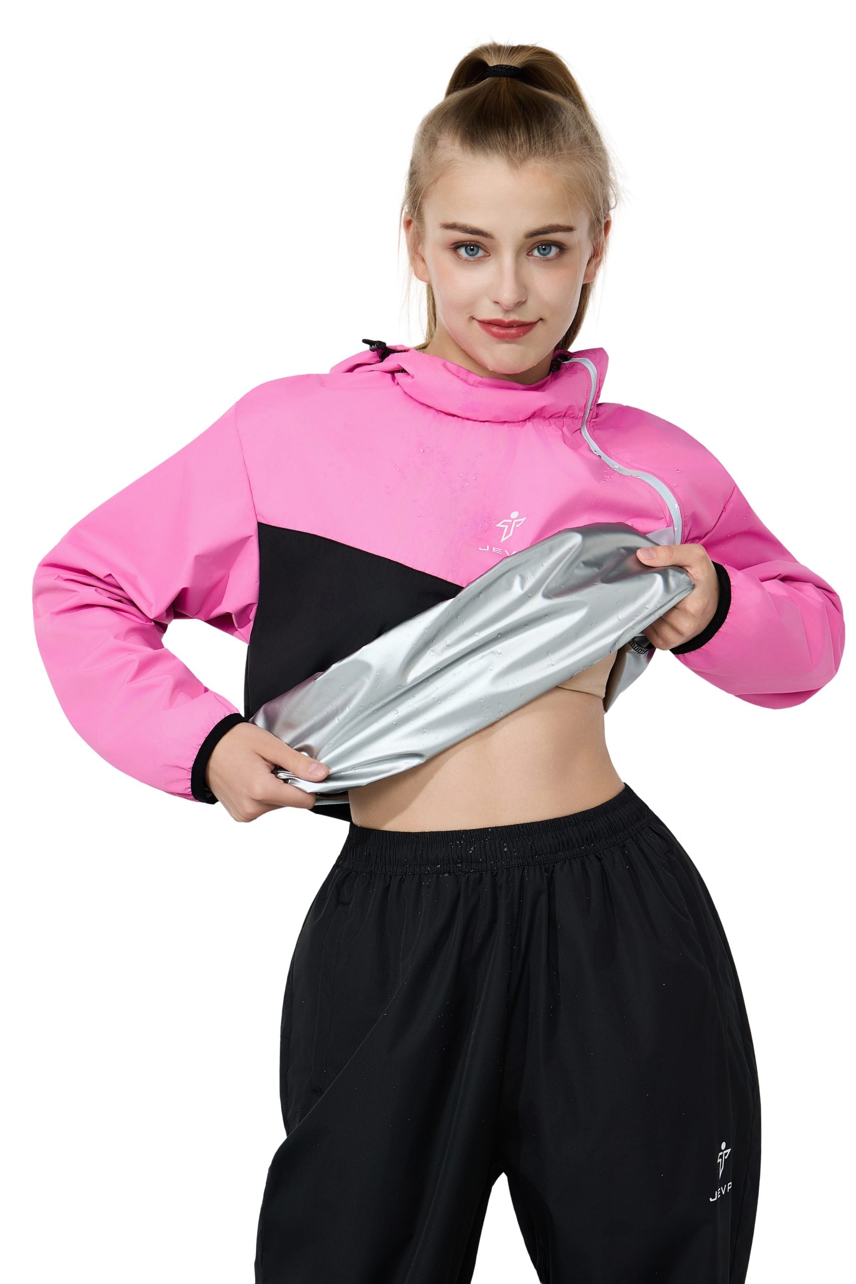 Pink JEVPE sauna suit for women with durable gym workout jacket and pants, ideal for sweating and fitness training.