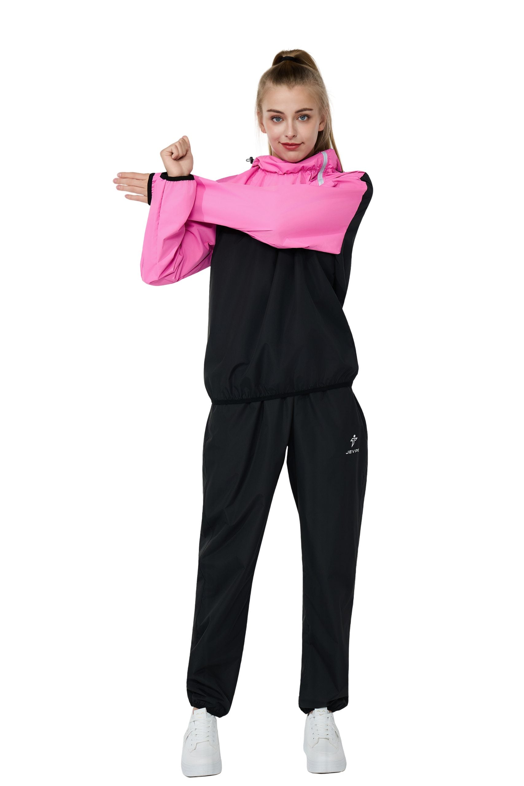 Pink JEVPE sauna suit for women, includes durable gym workout sauna jacket and pants, ideal for sweat and fitness training.
