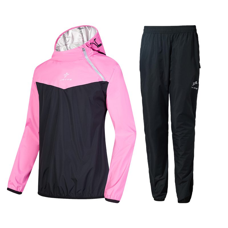 Pink JEVPE sauna suit for women, includes a durable gym workout sauna jacket and pants for sweat-enhanced fitness training.