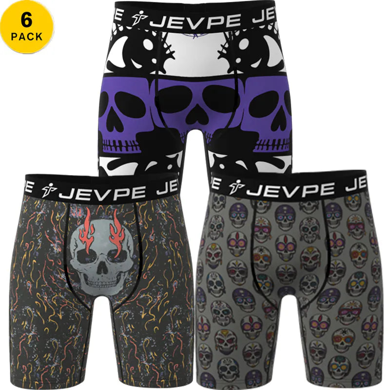 JEVPE men's pattern boxer briefs 3-pack, breathable moisture-wicking fabric with 7-inch inseam and elastic waistband, shown laid flat.